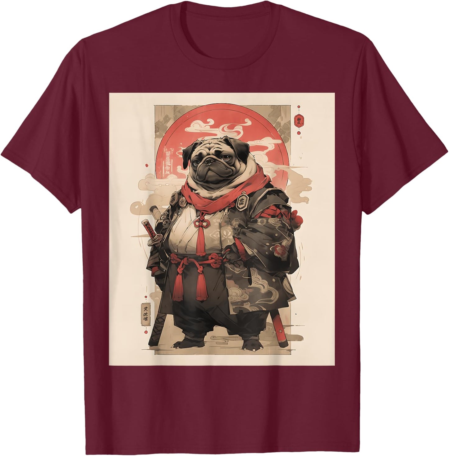 Samurai Pug Dog Japanese Pet Lover Warriors Art Aesthetic Men Women Girls Kids T-Shirt - T-Shirt | Maroon