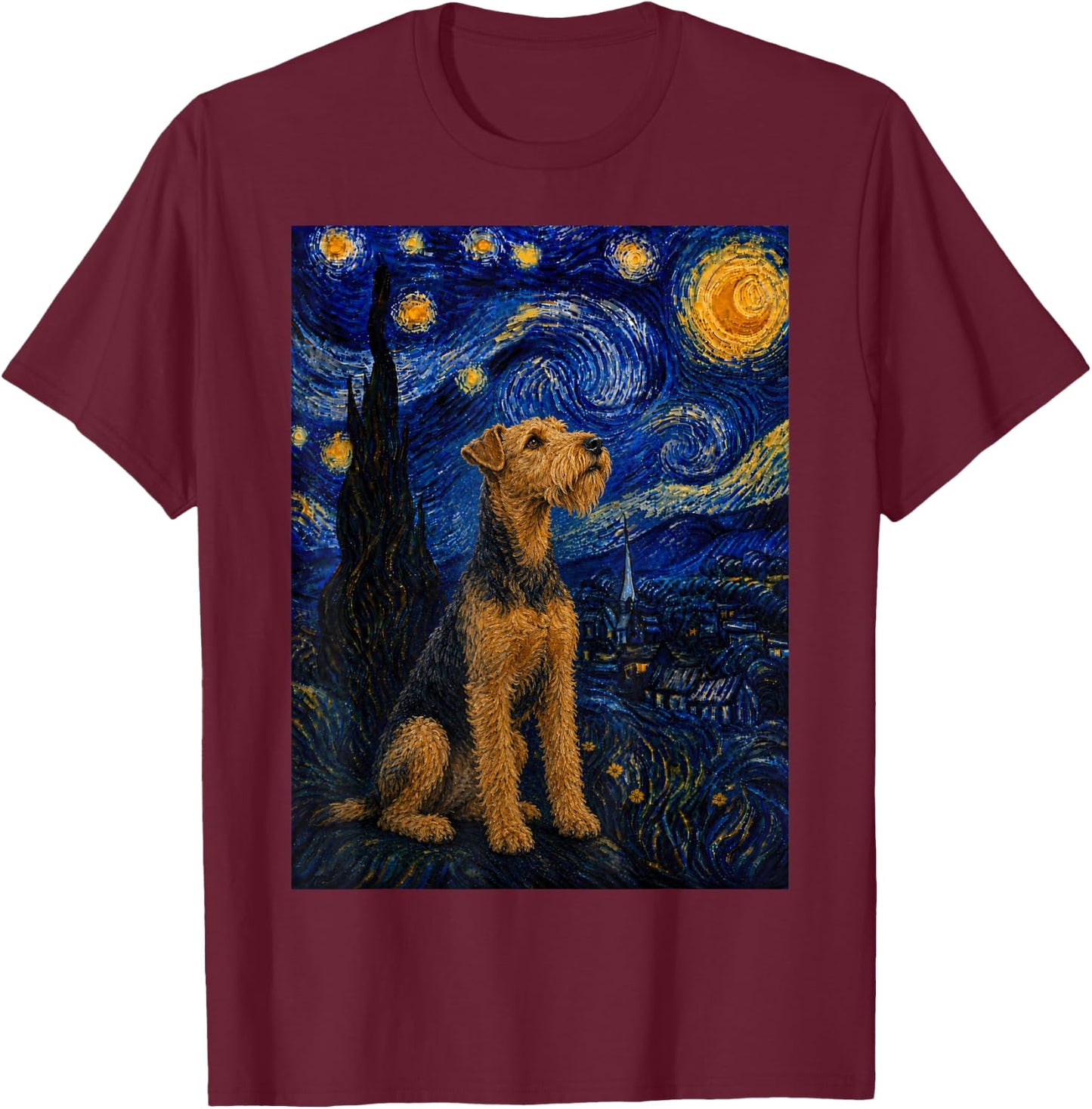 Welsh Terrier Dog Van Gogh Starry Night T-Shirt - T-Shirt | Maroon