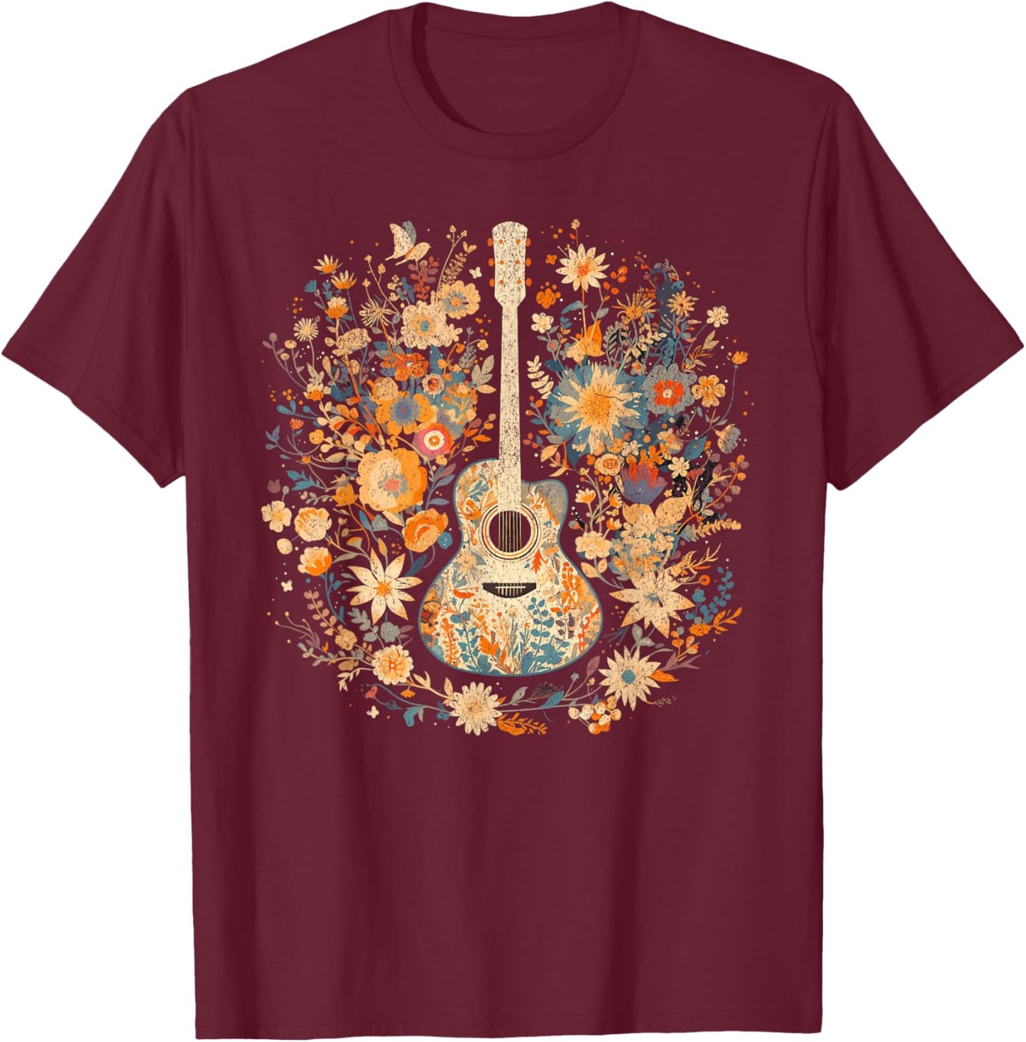 Acoustic Guitar American Folk Music Flowers Nature Country , Black, S T-Shirt - T-Shirt | Maroon