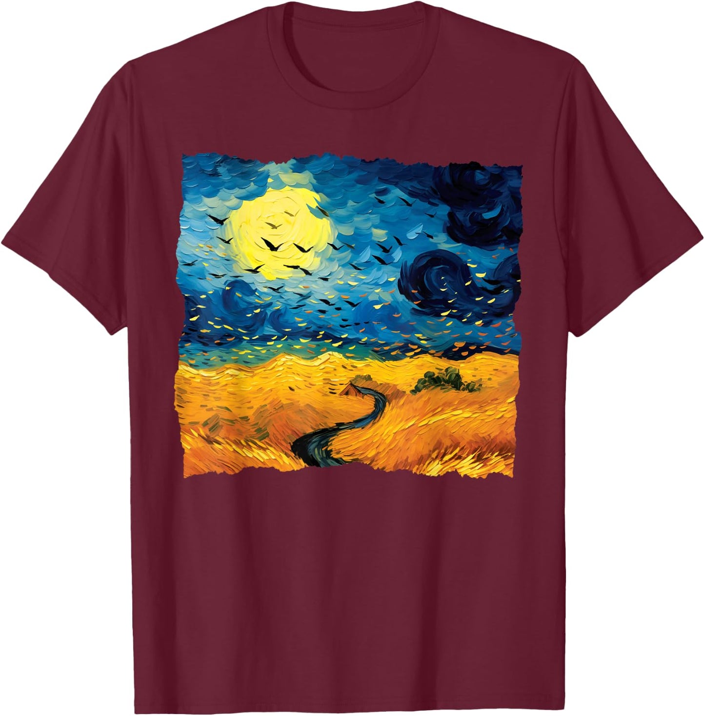 Starry Night Van Gogh Artistic Wheatfield with Crows T-Shirt - T-Shirt | Maroon