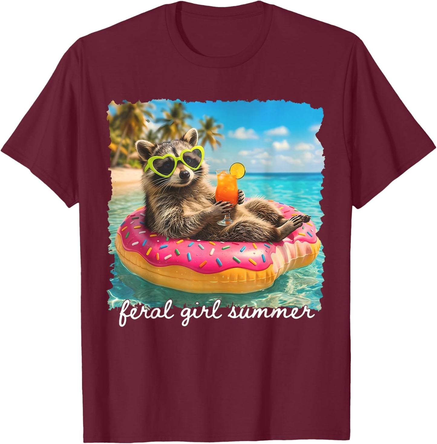 Funny Raccoon Feral Girl Summer Tropical Beach Vacation Trip T-Shirt - T-Shirt | Maroon