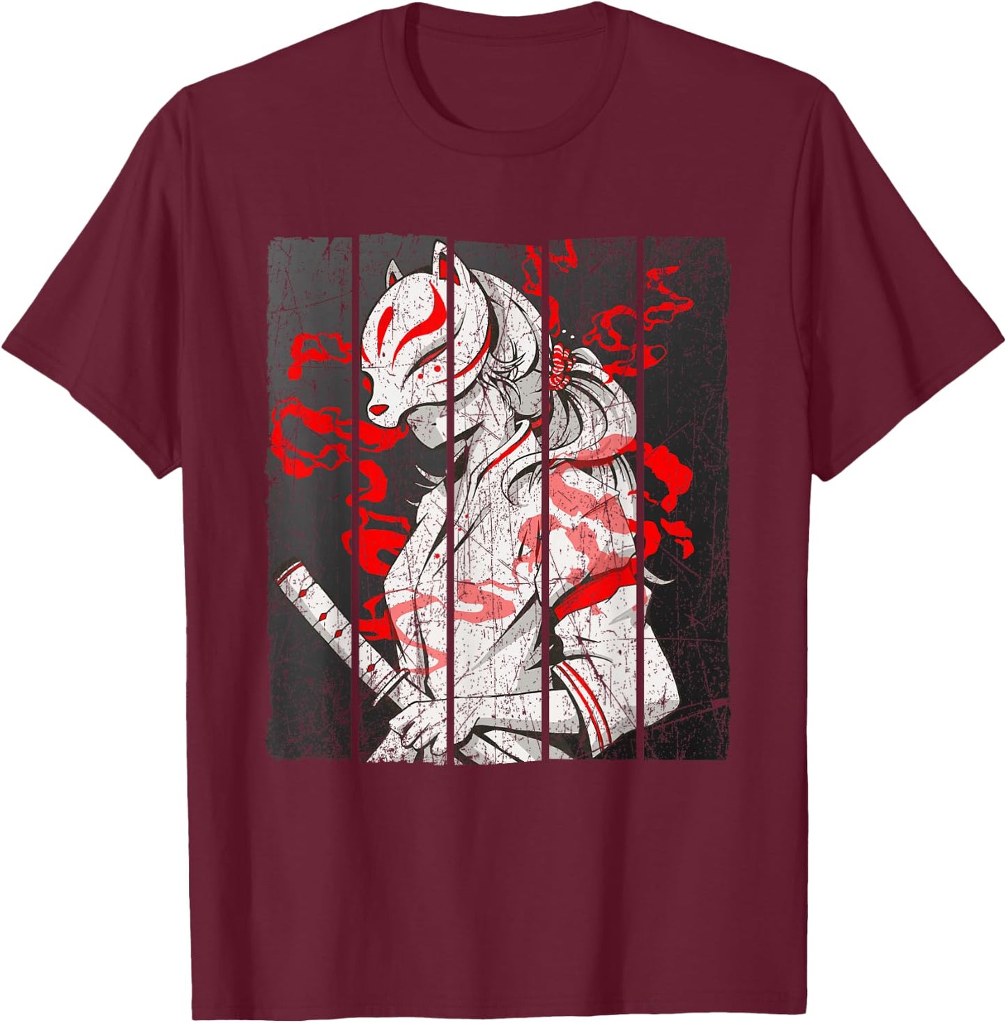 Japanese Mask Fox Aesthetic Kitsune Inari Oni Anime T-Shirt - T-Shirt | Maroon