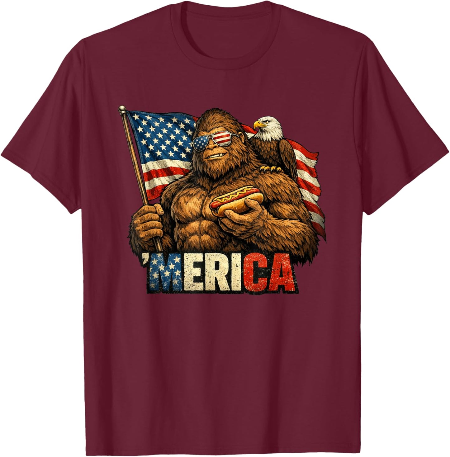 Funny Bigfoot Patriotic 4th of July American Flag T-Shirt - T-Shirt | Maroon