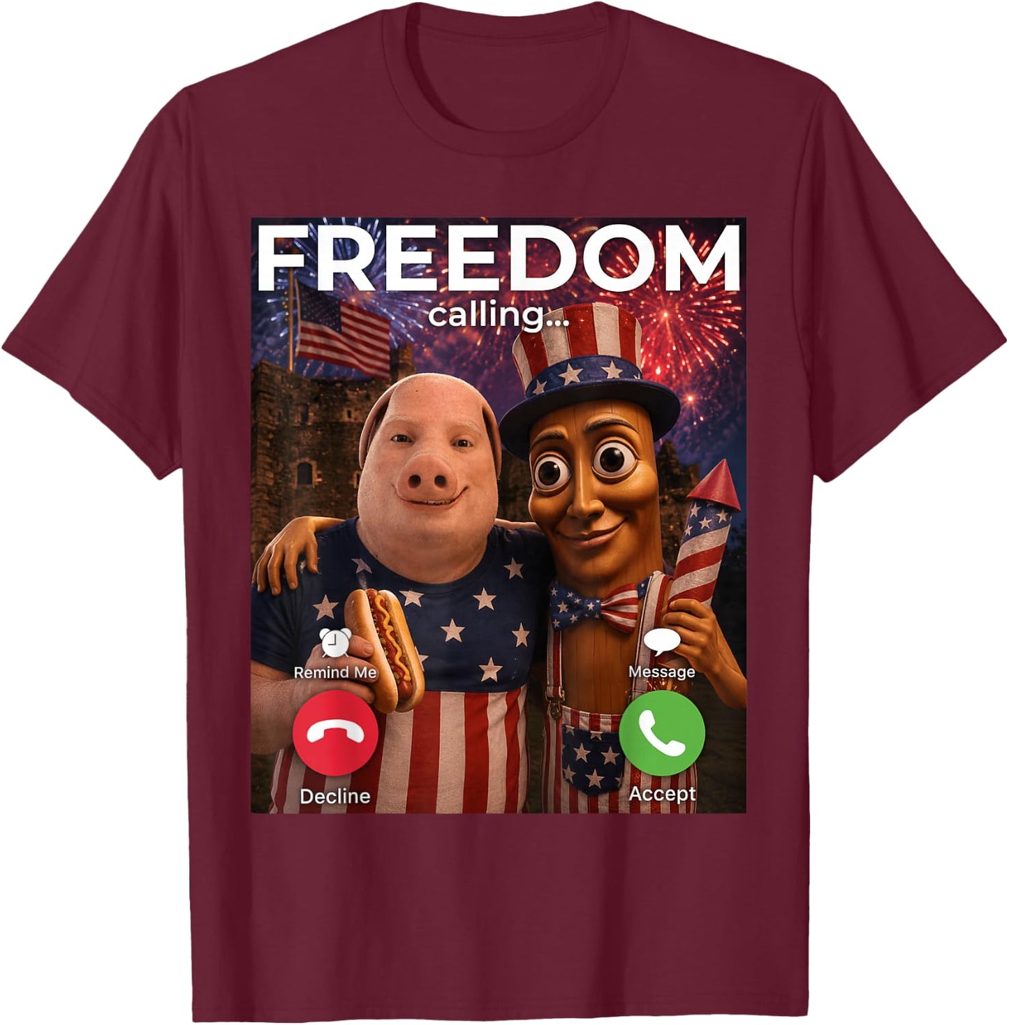 John Pork Tung Sahur Freedom Calling Meme Fireworks July 4th T-Shirt - T-Shirt | Maroon