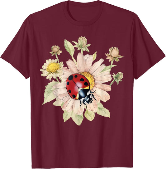 Cottagecore Floral Cute Ladybug Aesthetic Girl Women Graphic T-Shirt - T-Shirt | Maroon