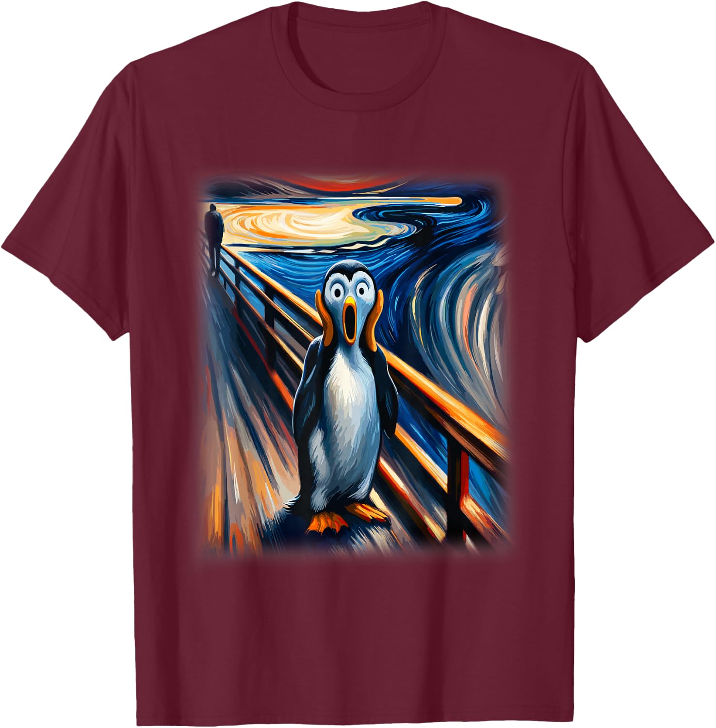 Expressionist Scream Funny Arctic Surreal Humor Art Penguin T-Shirt - T-Shirt | Maroon