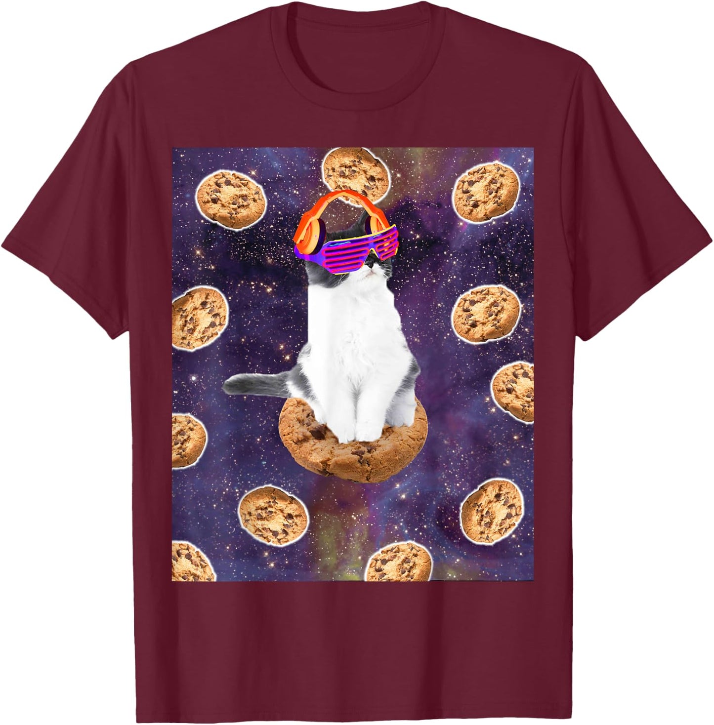 Rave Kitty Cat On Choc Cookie In Space T-Shirt - T-Shirt | Maroon