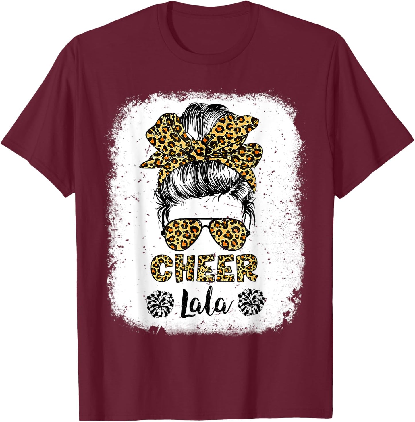 Cheer Lala Leopard Messy Bun Cheerleader Bleached T-Shirt - T-Shirt | Maroon