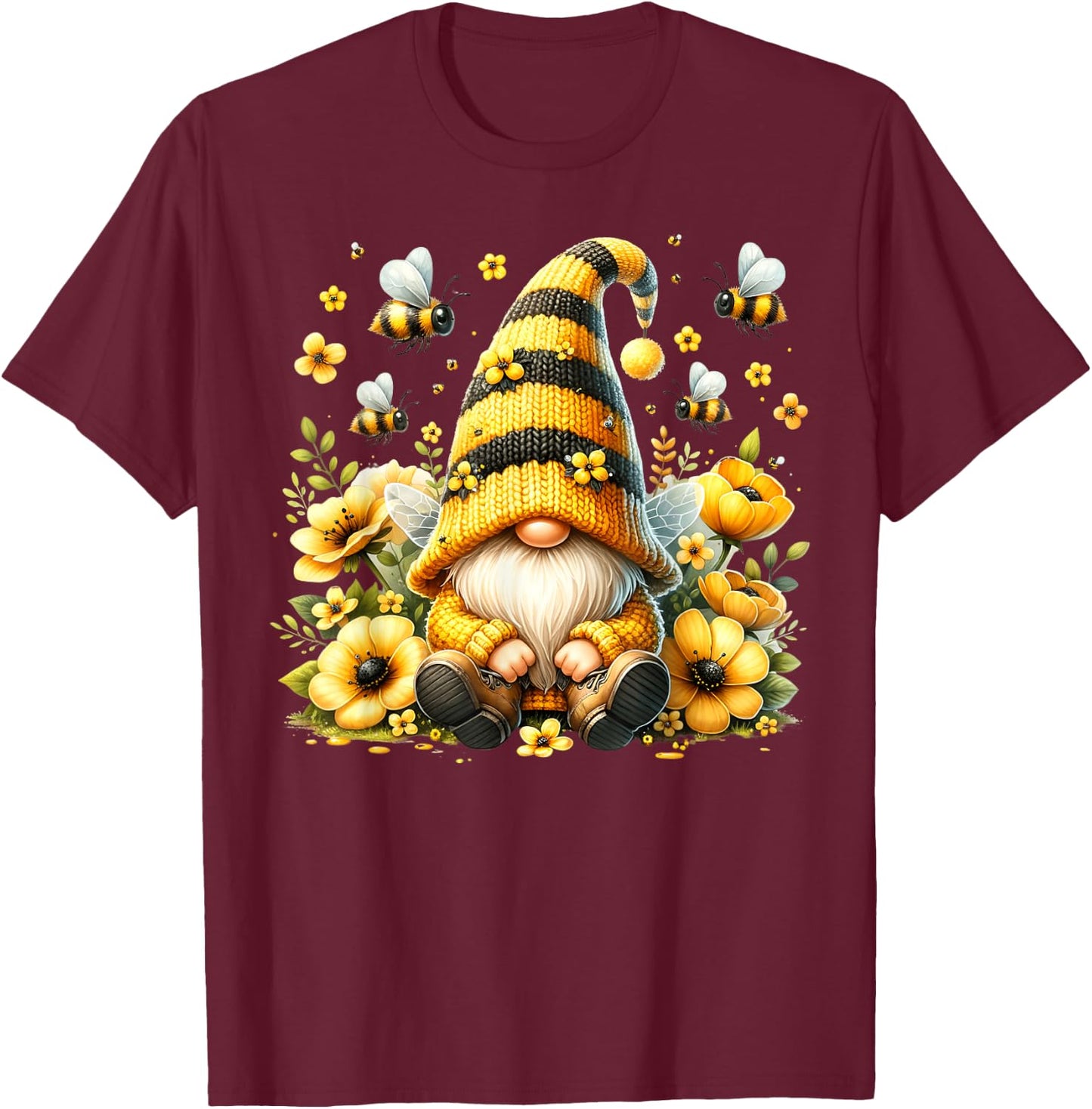 Cute Gnome Floral Bee Summer Beekeeper Botanical Gardening T-Shirt - T-Shirt | Maroon