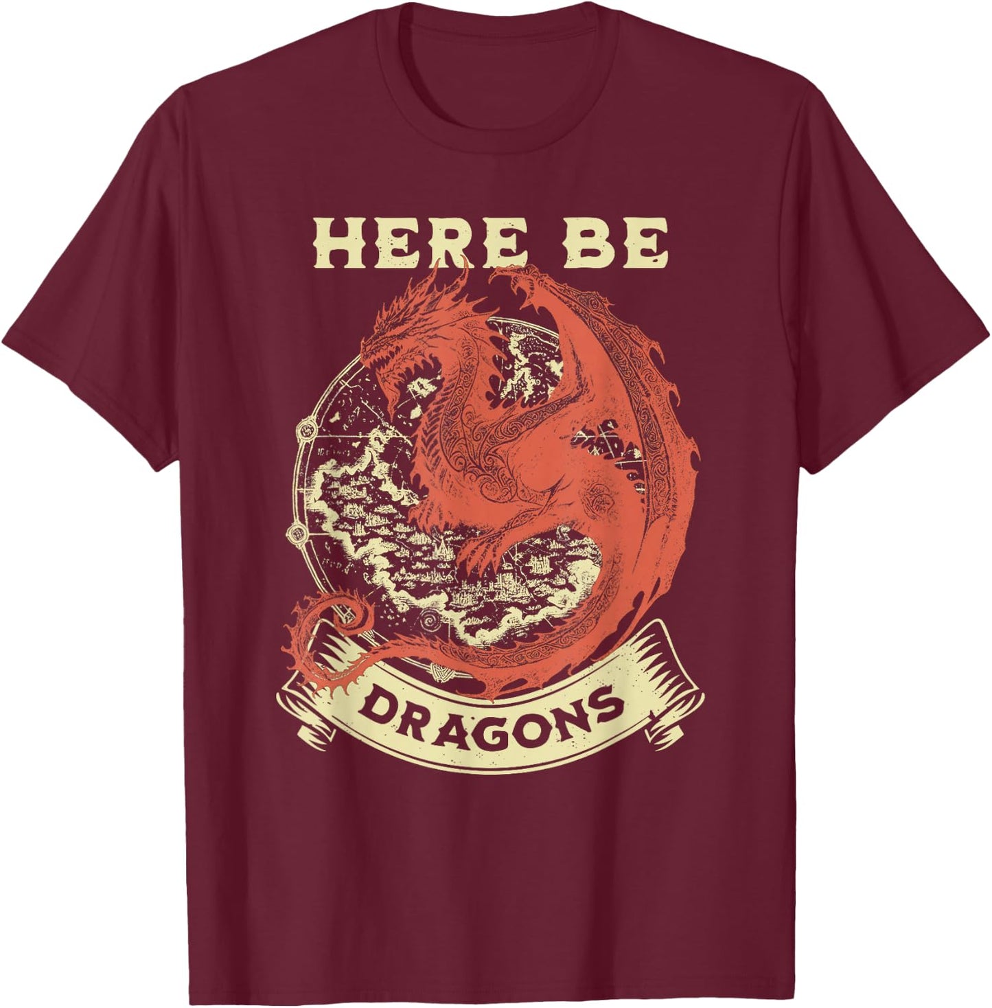 Here Be Dragons Map T-Shirt - T-Shirt | Maroon