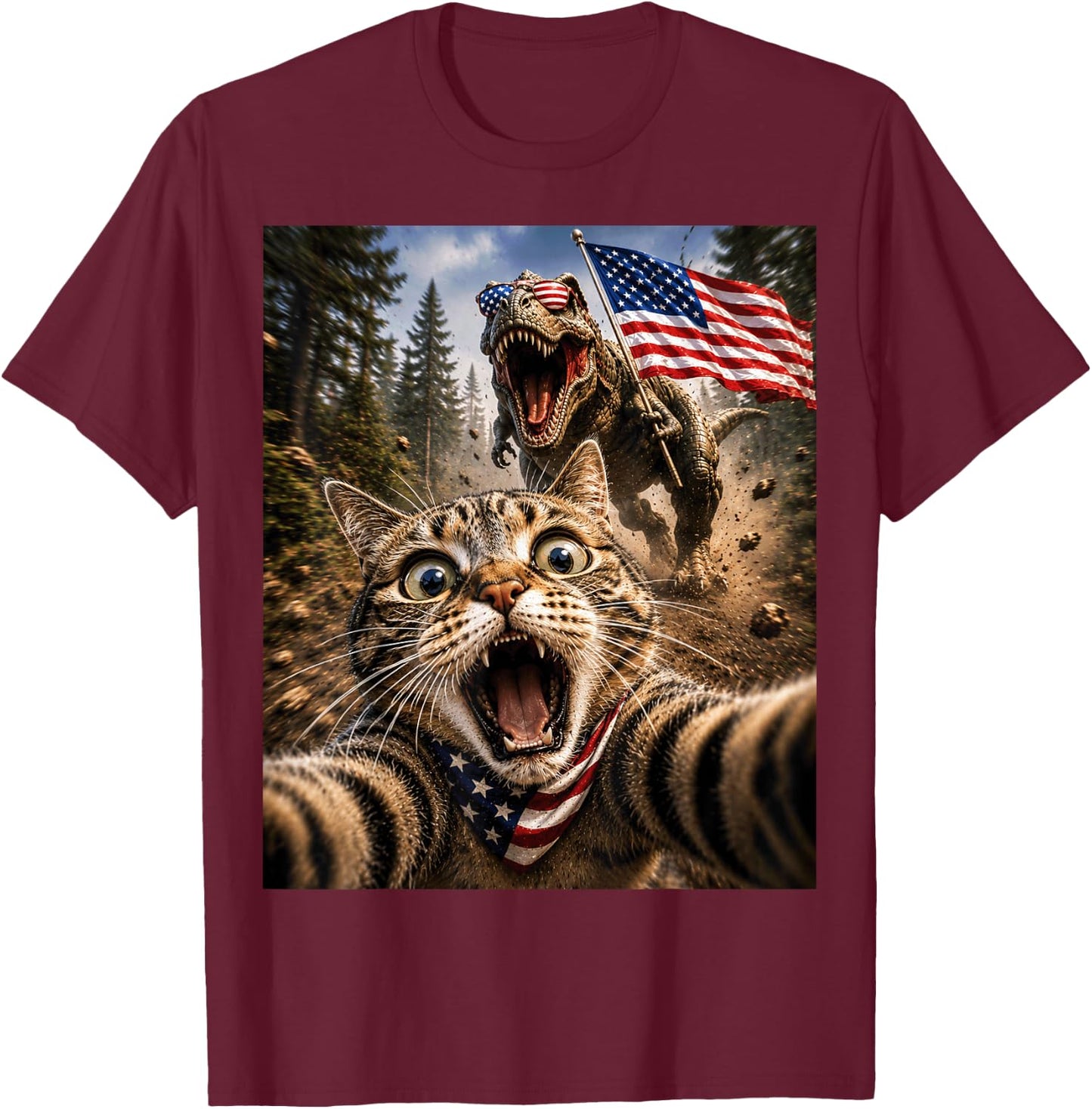Patriotic TRex Cat Dinosaur Fourth of July Funny 4th of July T-Shirt - T-Shirt | Maroon