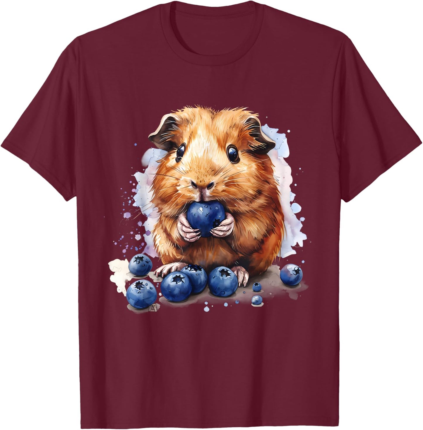 Blueberry Guinea Pig Watercolor Blueberry Fruit Drawing T-Shirt - T-Shirt | Maroon