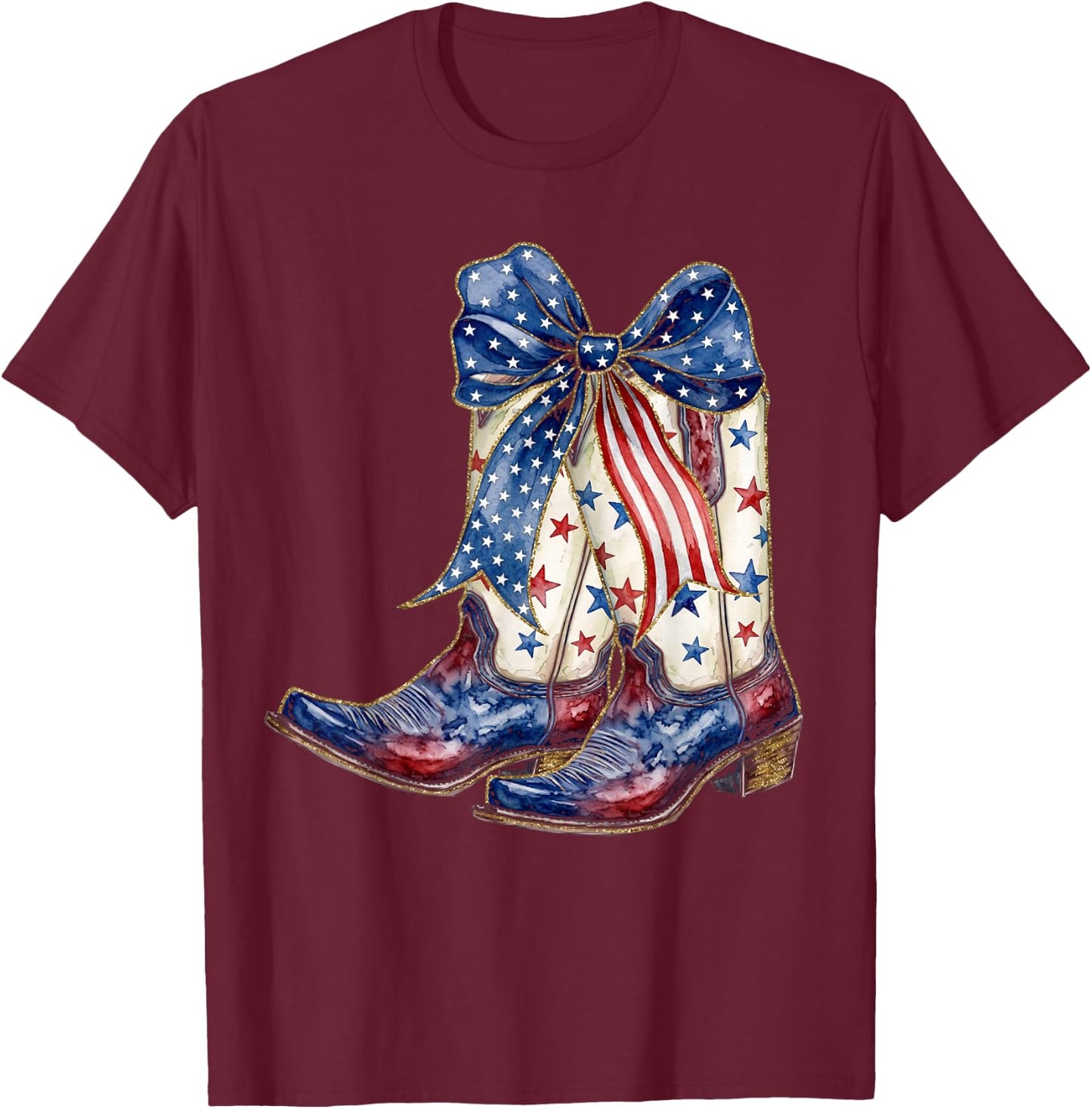 Retro Western Cowboy Boots Cowgirl American Flag 4th of July T-Shirt - T-Shirt | Maroon