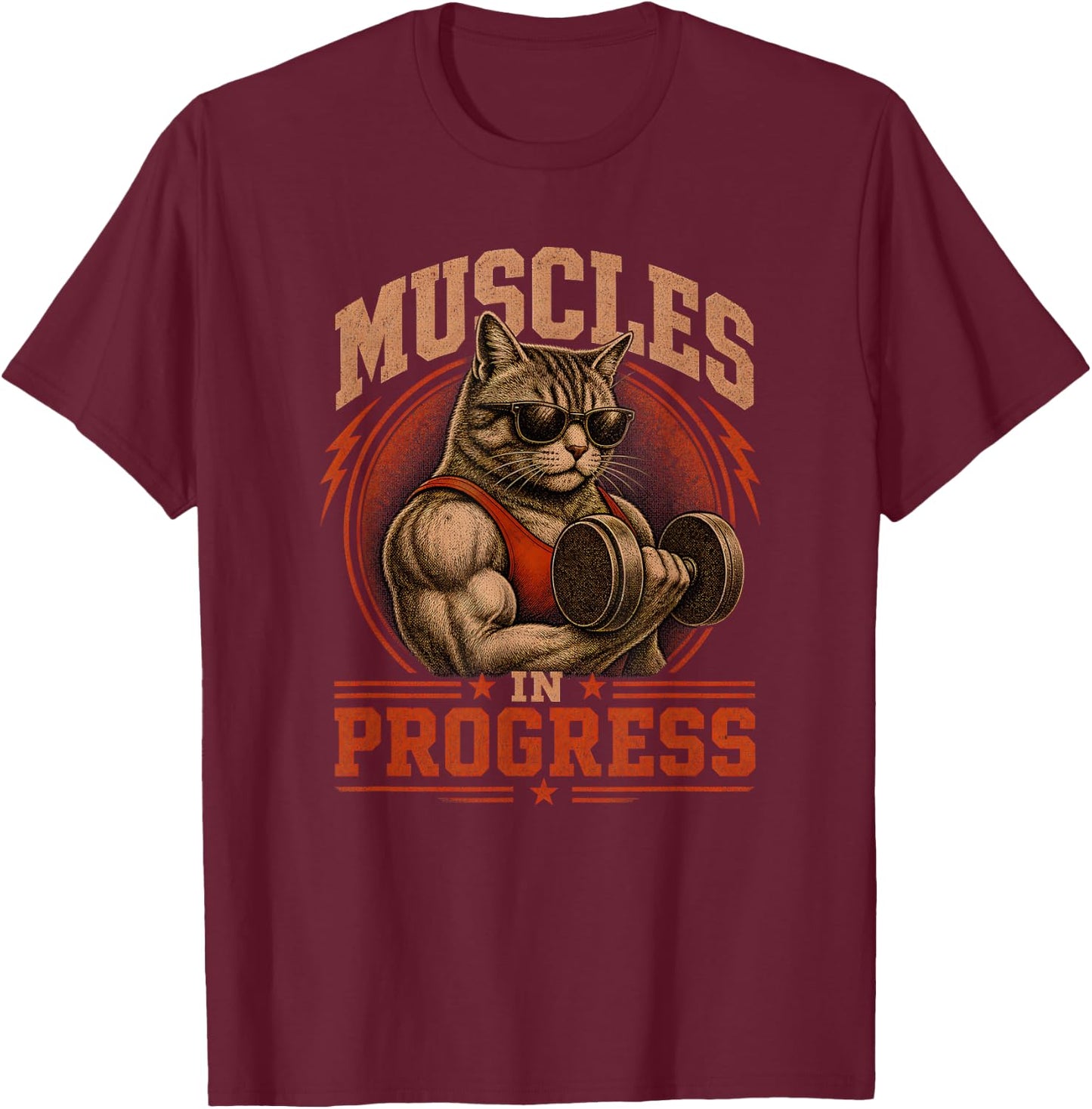 Cat Muscles in Progress Retro Vintage Workout Cat Gym T-Shirt - T-Shirt | Maroon