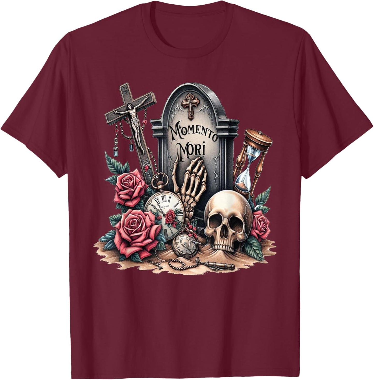 Memento Mori Catholic Crucifix Traditional Latin Mass Skull T-Shirt - T-Shirt | Maroon