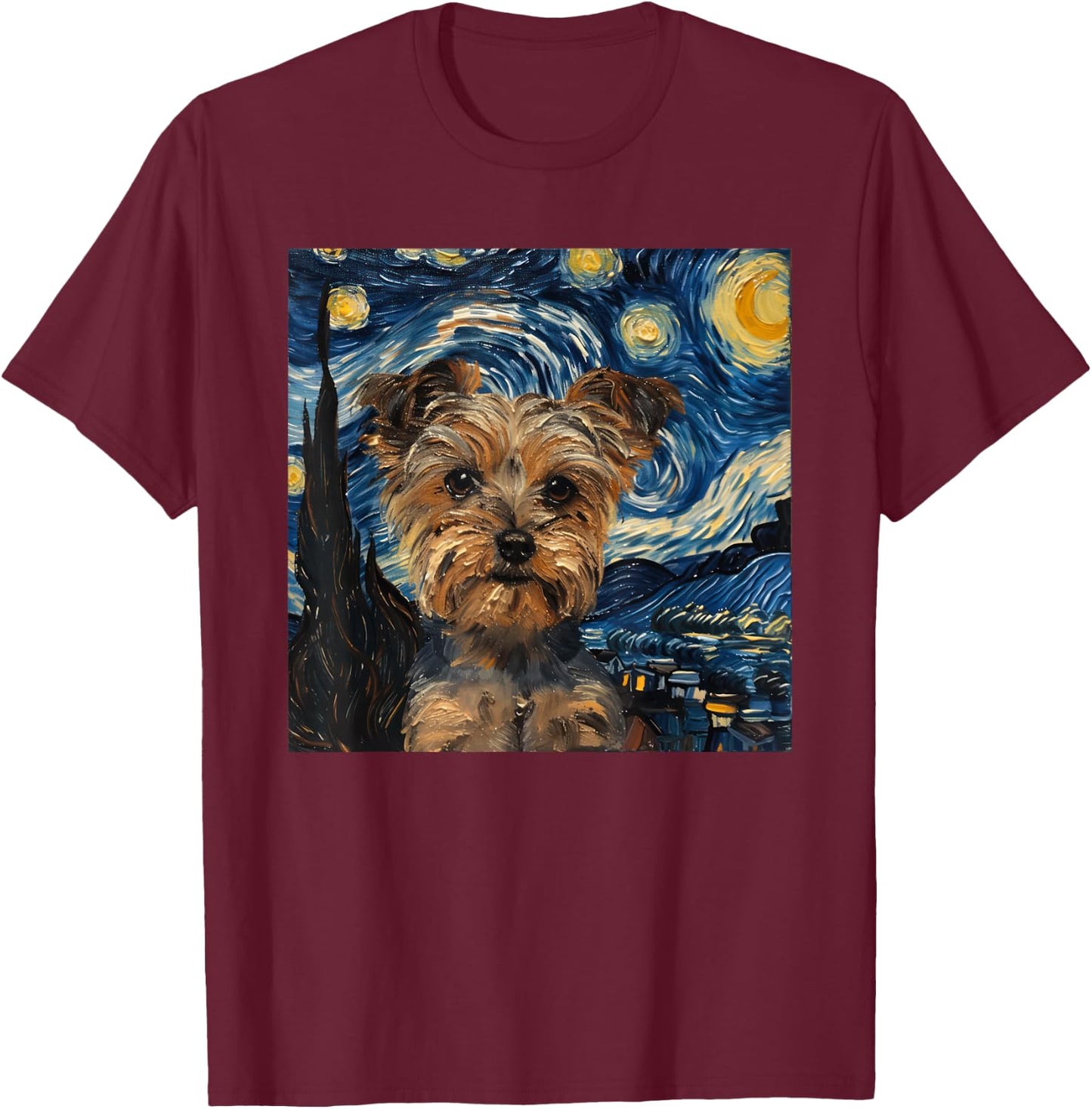 Yorkshire Terrier Dog Van Gogh Style Starry Night T-Shirt - T-Shirt | Maroon