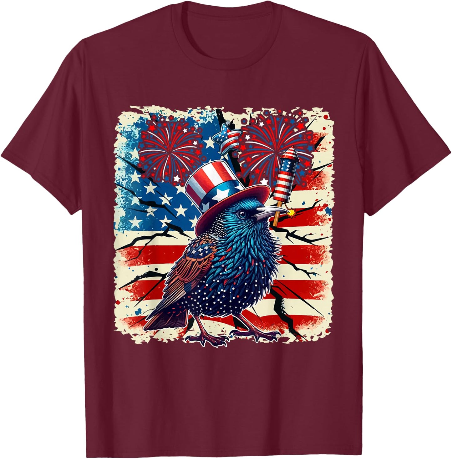 4th Of July US Flag Fireworks Starling Costume Bird Lover T-Shirt - T-Shirt | Maroon