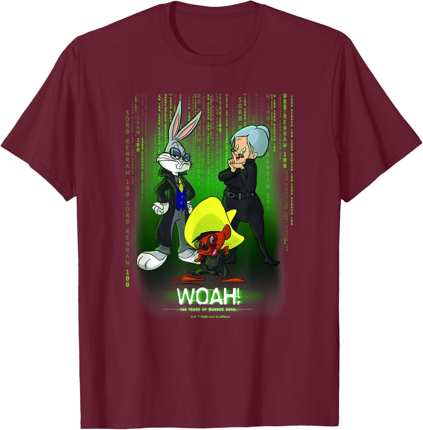 WB 100 Looney Tunes Classic Woah! Matrix Poster T-Shirt - T-Shirt | Maroon