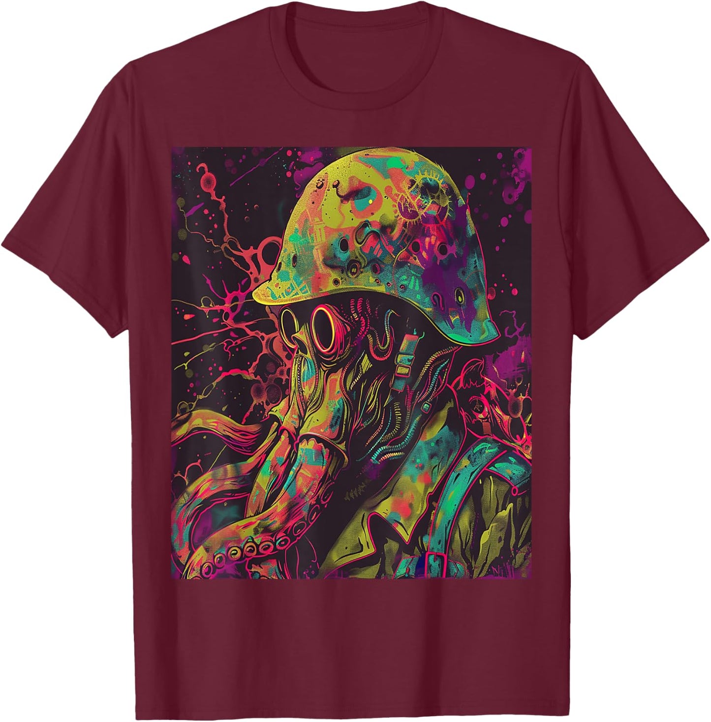 Cthulhu Psychedelic Soldier Wearing Helmet Colorful Art T-Shirt - T-Shirt | Maroon