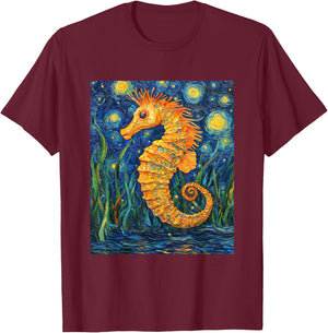 Cute Seahorse - Van Gogh Style - Starry Night Graphic T-Shirt - T-Shirt | Maroon
