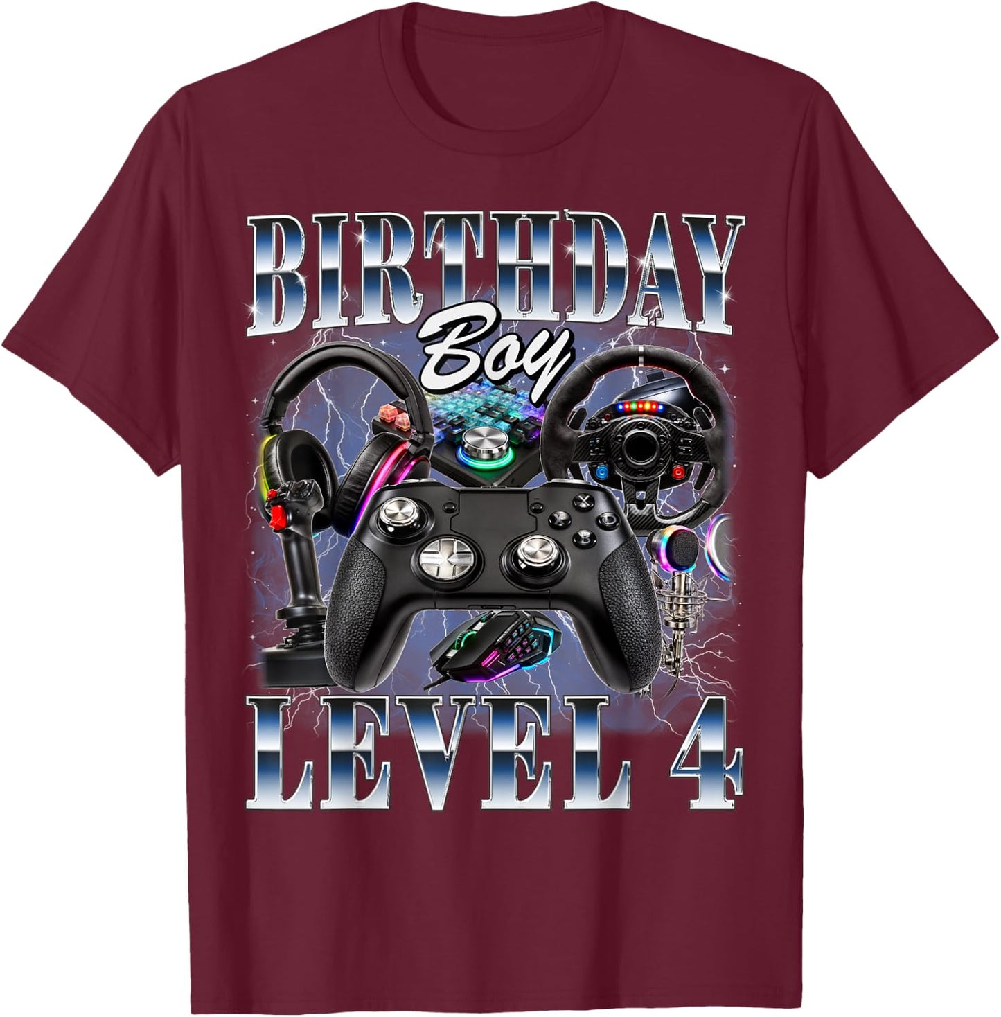 4th Birthday Boy Level 4 Video Gamer Lover 4 Year Old T-Shirt - T-Shirt | Maroon