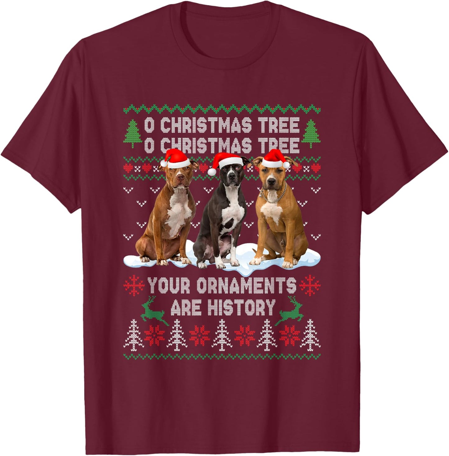 Cute Pitbull Dog Oh Christmas Tree Ugly Xmas T-Shirt - T-Shirt | Maroon