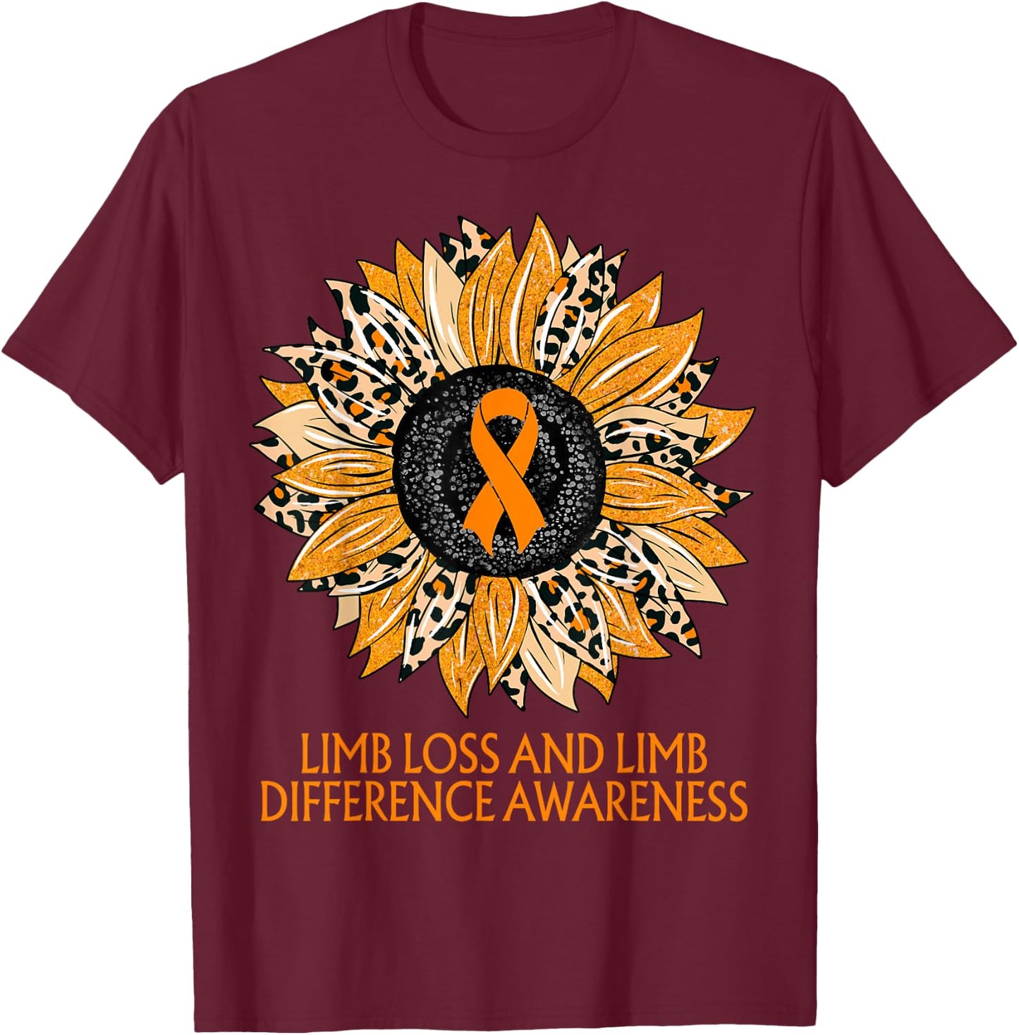 Leopard Sunflower Limb Loss and Limb Difference Awareness T-Shirt - T-Shirt | Maroon