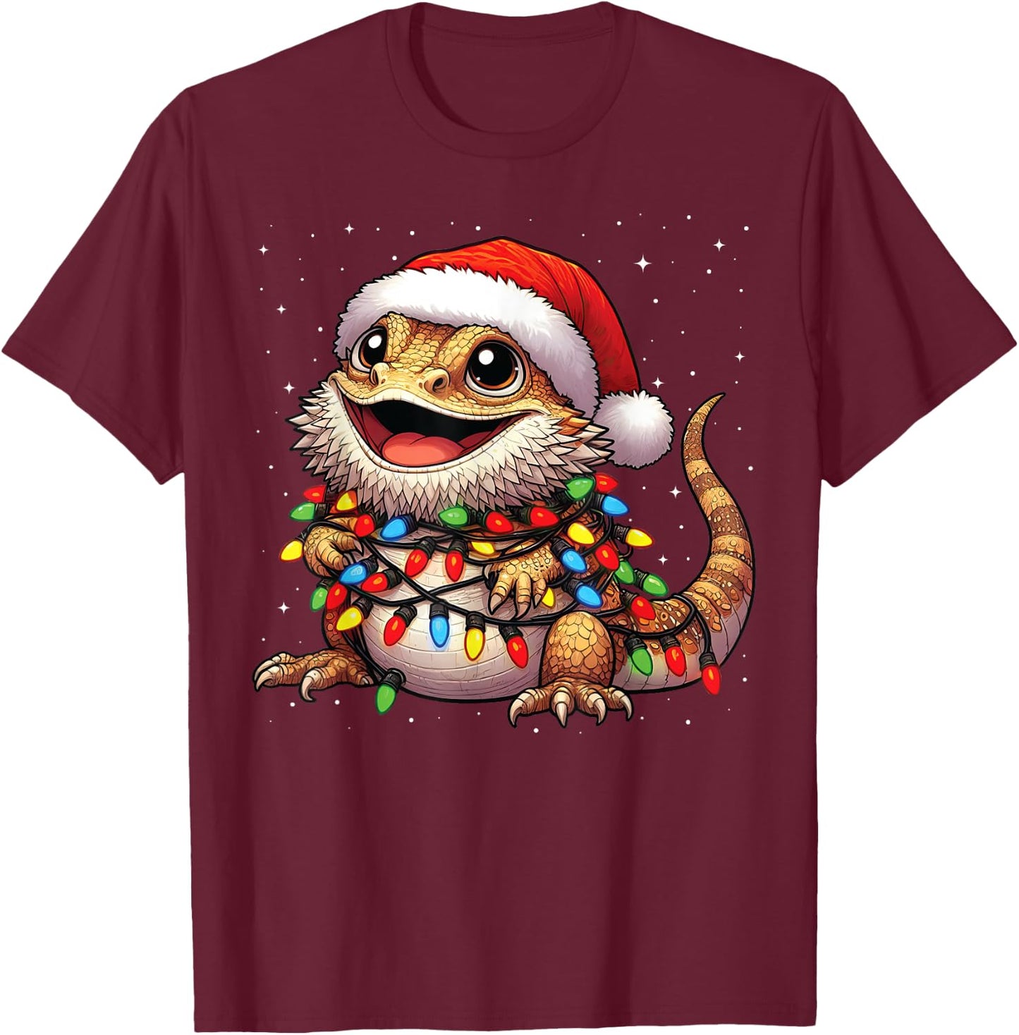 Bearded Dragon Christmas Lights Santa Hat Xmas Snow T-Shirt - T-Shirt | Maroon