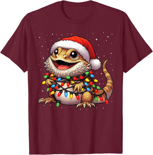Bearded Dragon Christmas Lights Santa Hat Xmas Snow T-Shirt - T-Shirt | Maroon