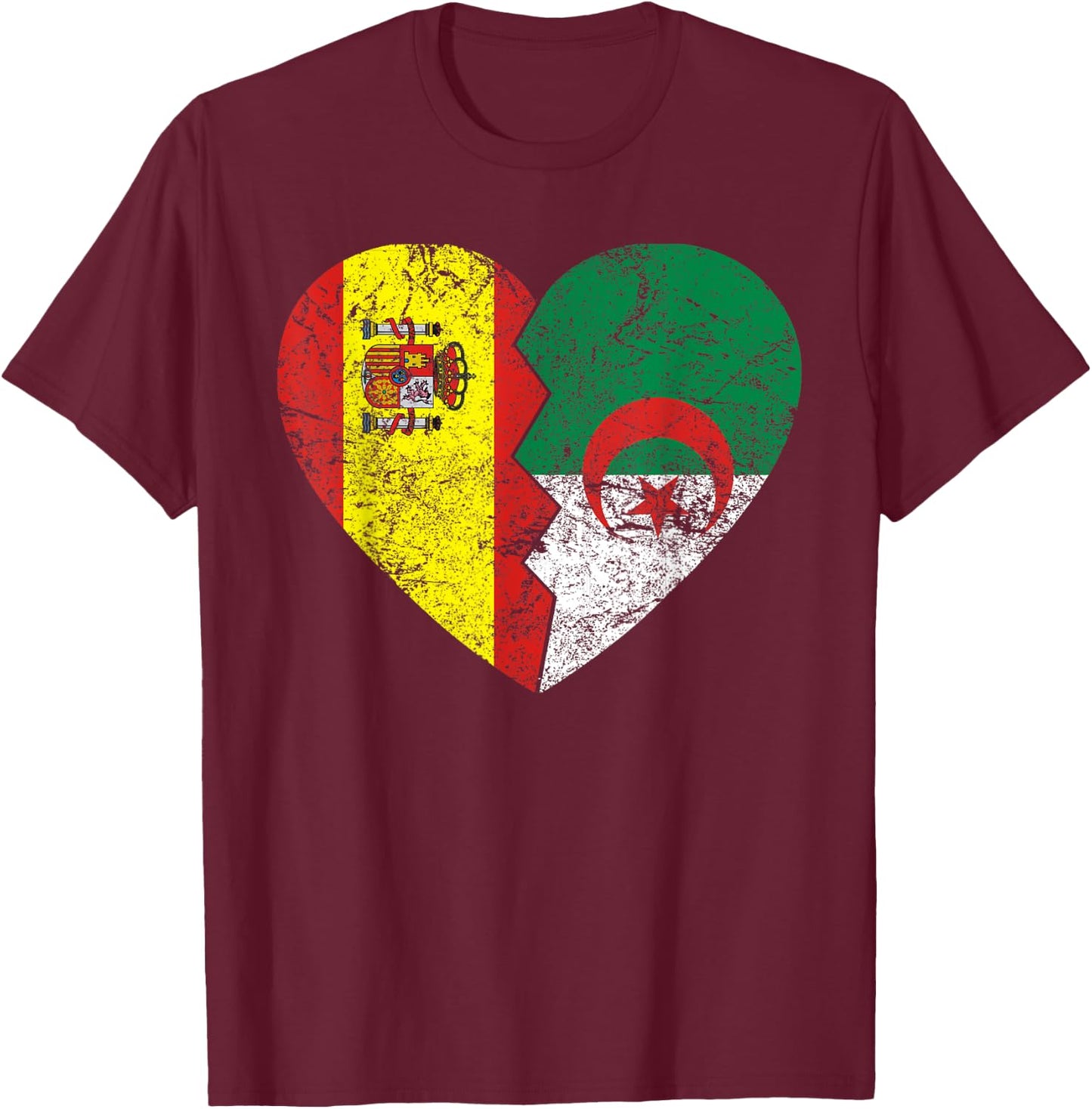 Drapeau de l'Espagne Algérie Cœur | Espagne Algérie Roots Vintage T-Shirt - T-Shirt | Maroon