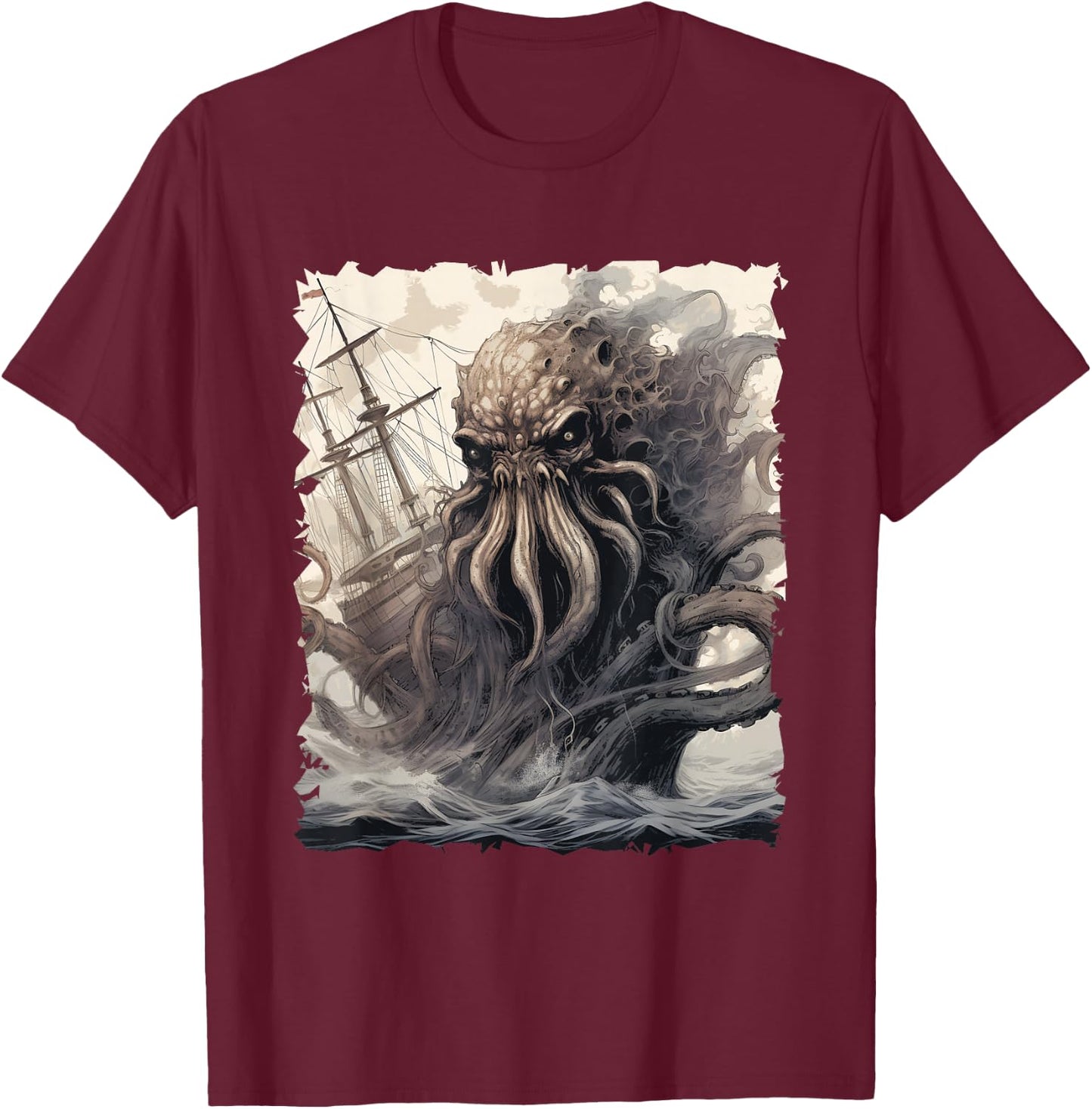 Kraken Attacking Pirate Ship Sea Monser Giant Octopus T-Shirt - T-Shirt | Maroon