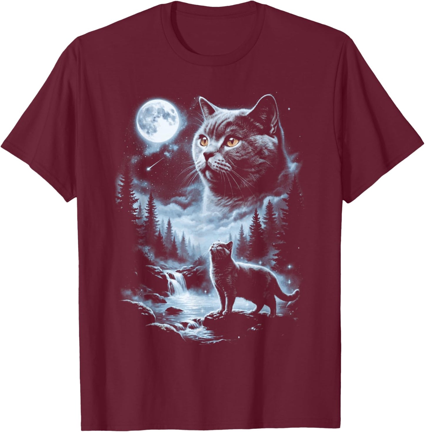 British Shorthair Cat Howling at the Moon T-Shirt - T-Shirt | Maroon