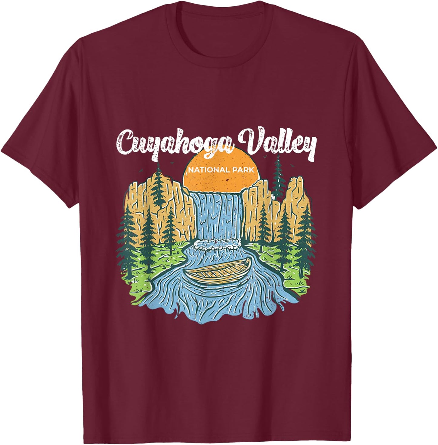 Vintage Sunset Waterfall In Cuyahoga National Park Ohio T-Shirt - T-Shirt | Maroon