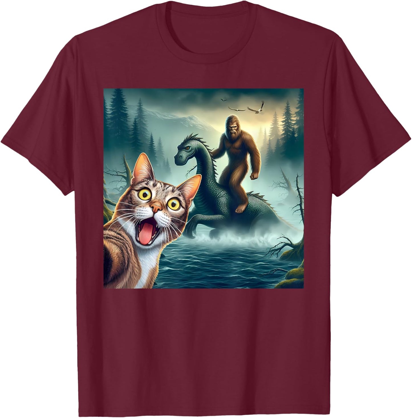 Cat Selfie bigfoot riding loch Ness monster surprised cat Women Kids T-Shirt - T-Shirt | Maroon