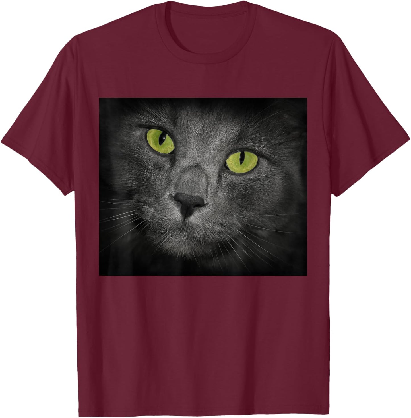 Cat with Green Eyes Gray Fur T-Shirt - T-Shirt | Maroon