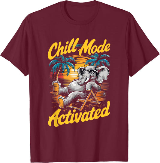 Elephant activated in cold mode with glasses on the beach , Black, S T-Shirt - T-Shirt | Maroon