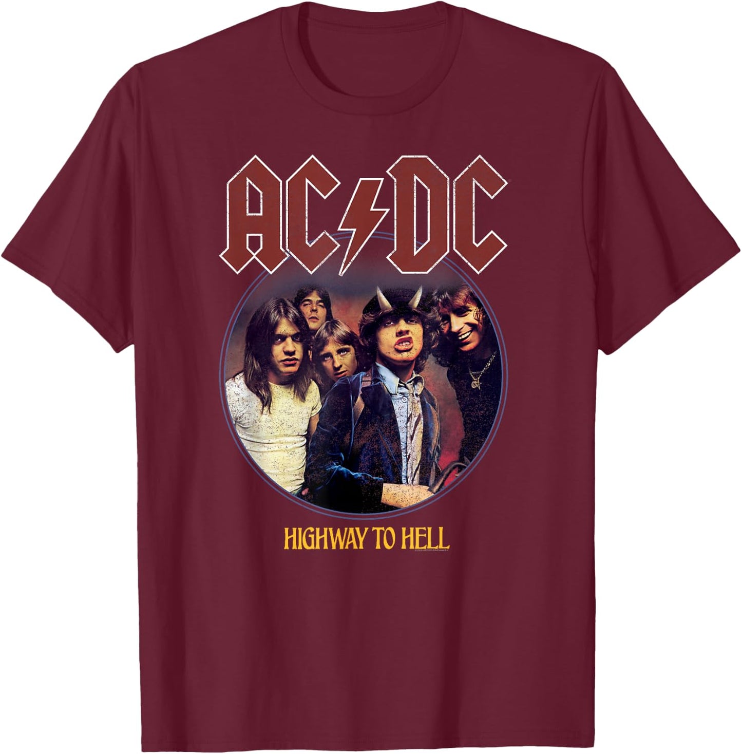 Official AC/DC Highway to Hell Circle Rock Music Band T-Shirt - T-Shirt | Maroon