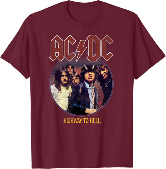 Official AC/DC Highway to Hell Circle Rock Music Band T-Shirt - T-Shirt | Maroon