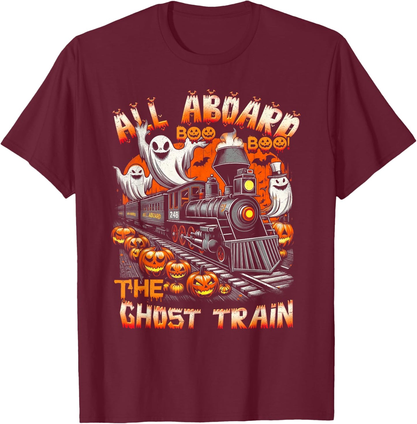Halloween Ghost Train ChooChoo Locomotive Aboard Railroad T-Shirt - T-Shirt | Maroon