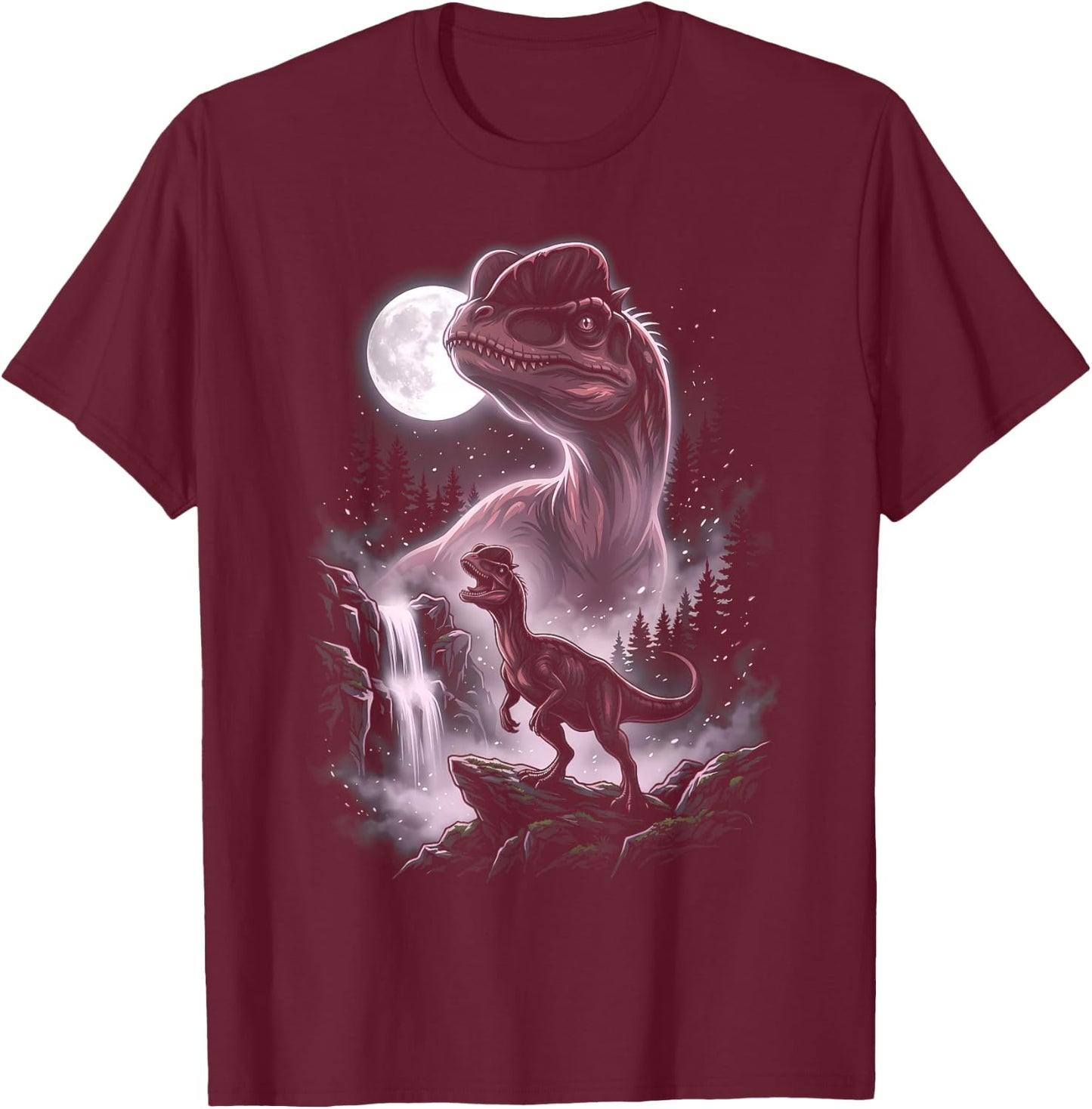 Dilophosaurus Silhouette Mystical Moon Dinosaur T-Shirt - T-Shirt | Maroon