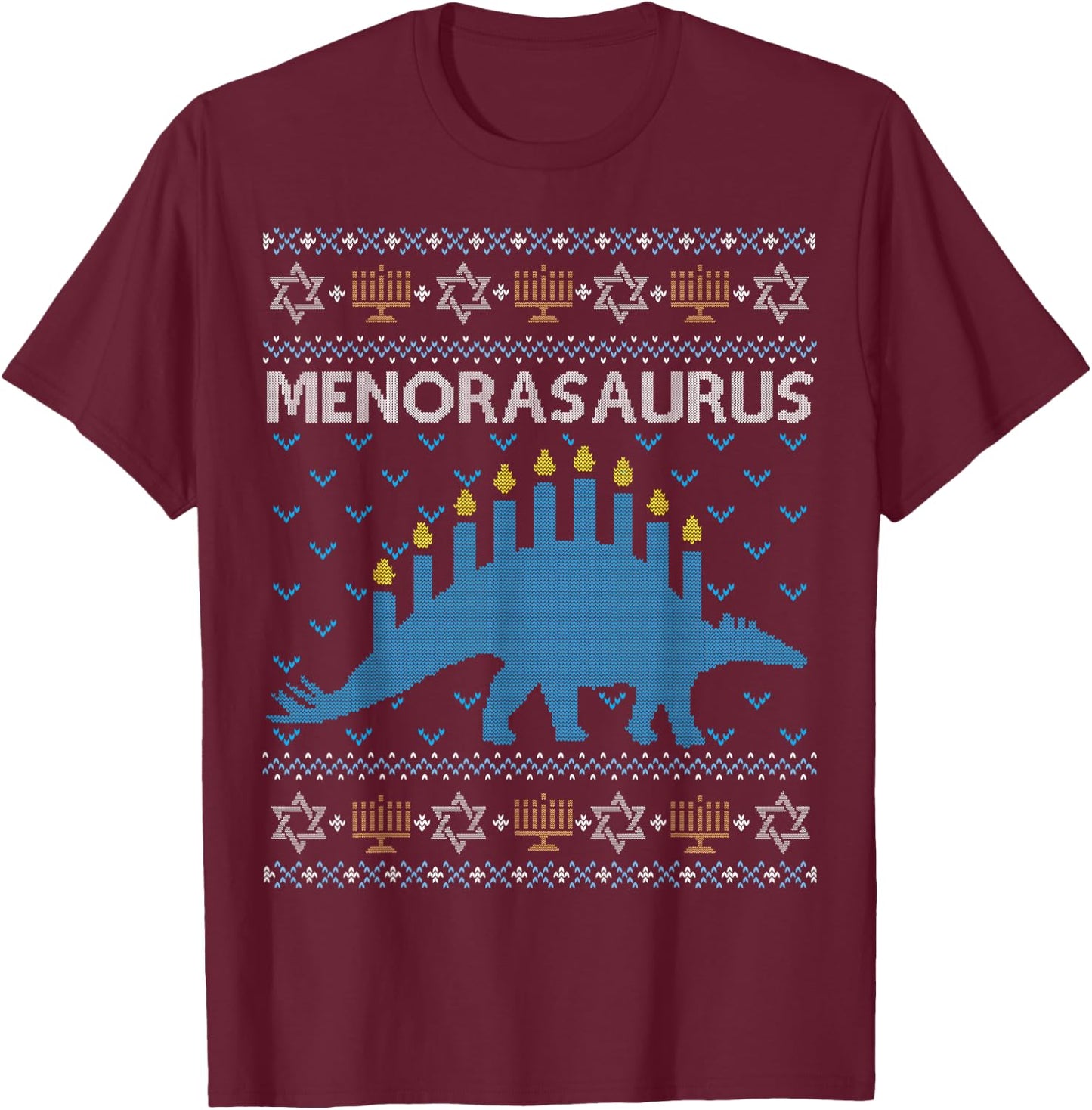 Funny Ugly Hanukkah Sweater Shirt Dinosaur Menorasaurus Gift T-Shirt - T-Shirt | Maroon