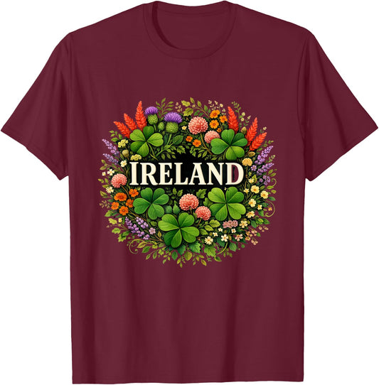 Flowers of Ireland Vintage Minimalist Boho Folk Art Clover T-Shirt - T-Shirt | Maroon