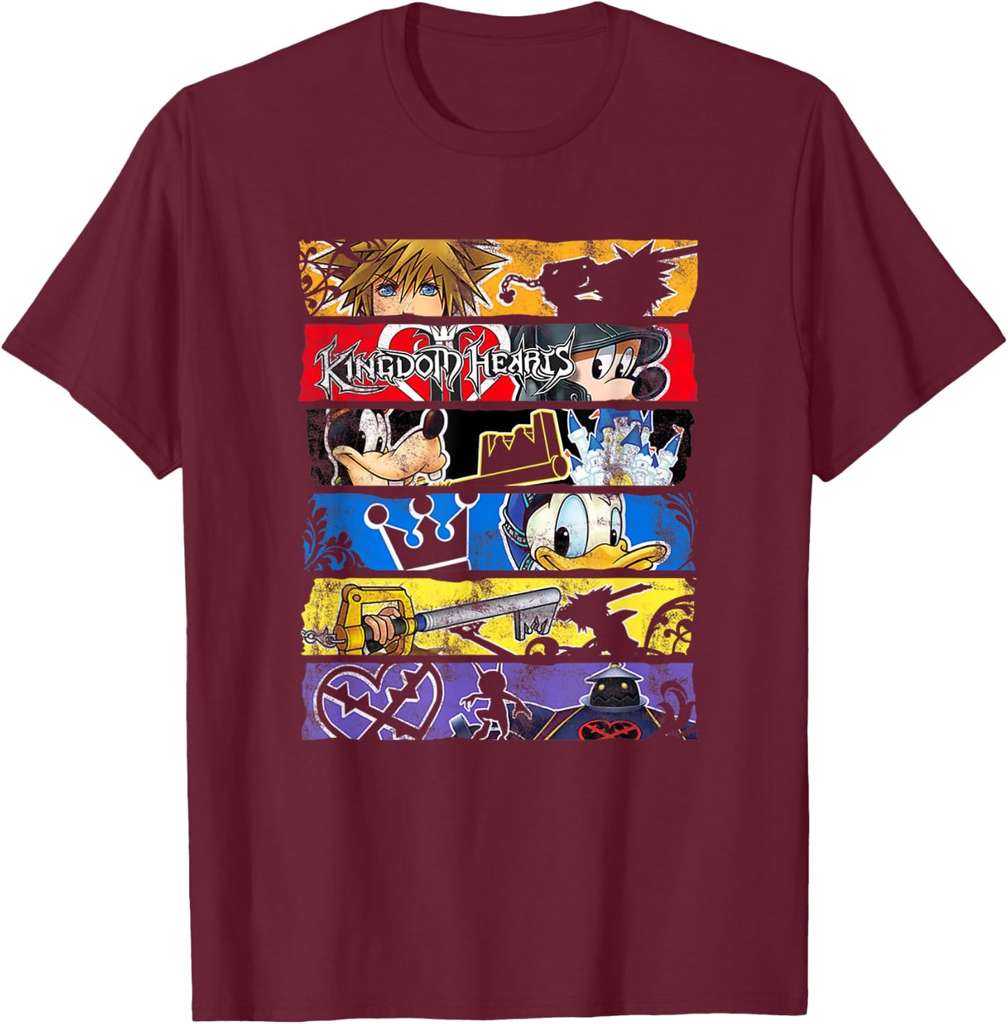 Disney Kingdom Hearts Epic Character Panels Distressed Logo T-Shirt - T-Shirt | Maroon