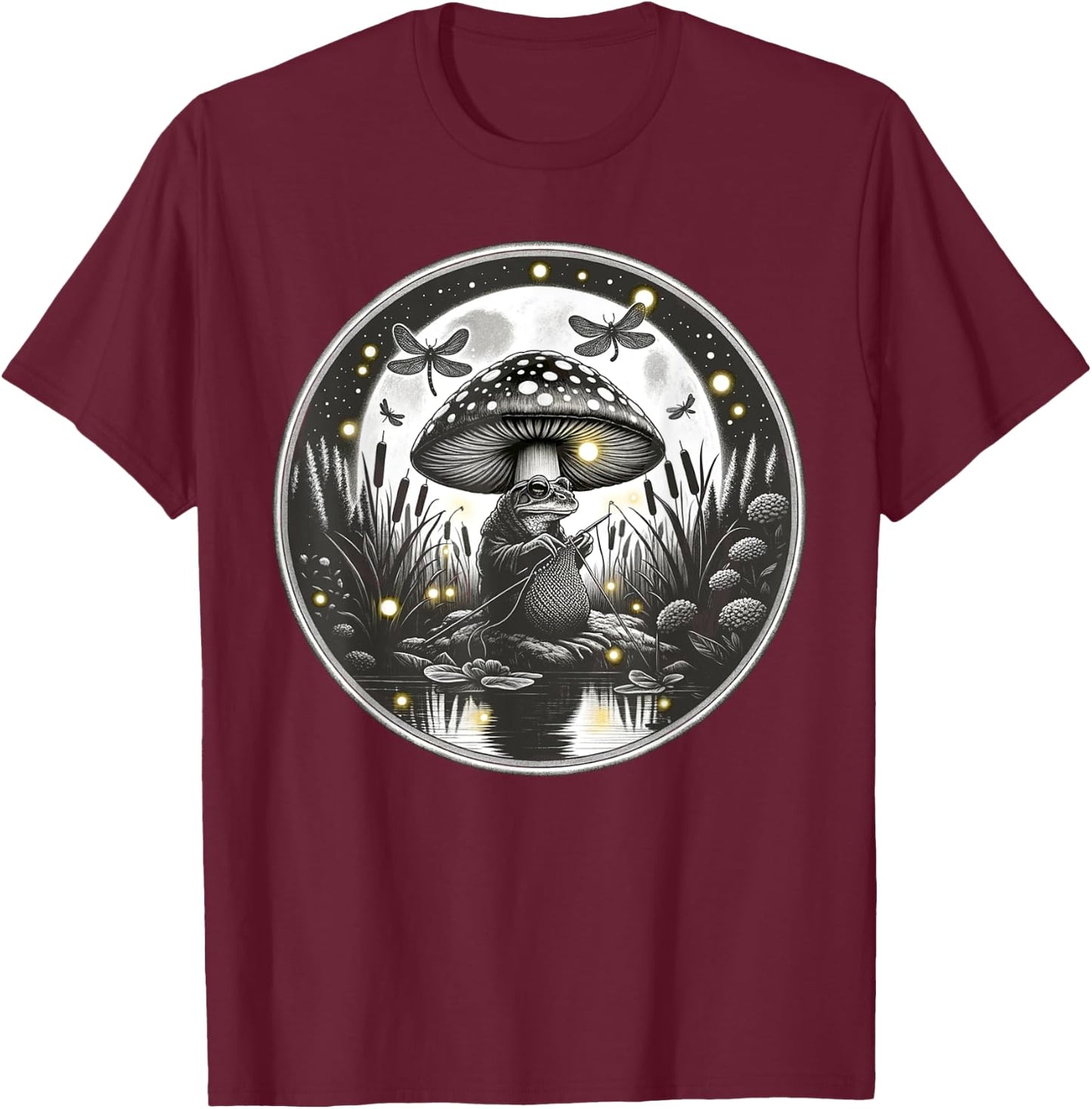 Frog Knitting Under Mushroom Cap Nature Crochet T-Shirt - T-Shirt | Maroon