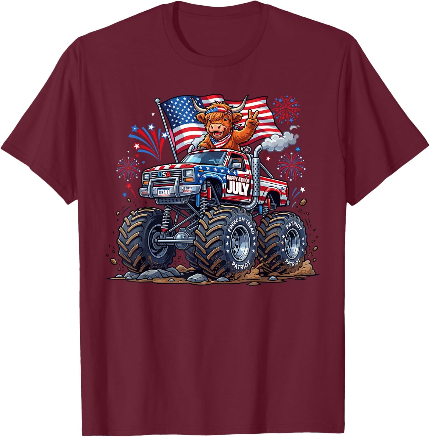 Monster Truck Cow Highland USA Patriotic Shirt 4th of July T-Shirt - T-Shirt | Maroon