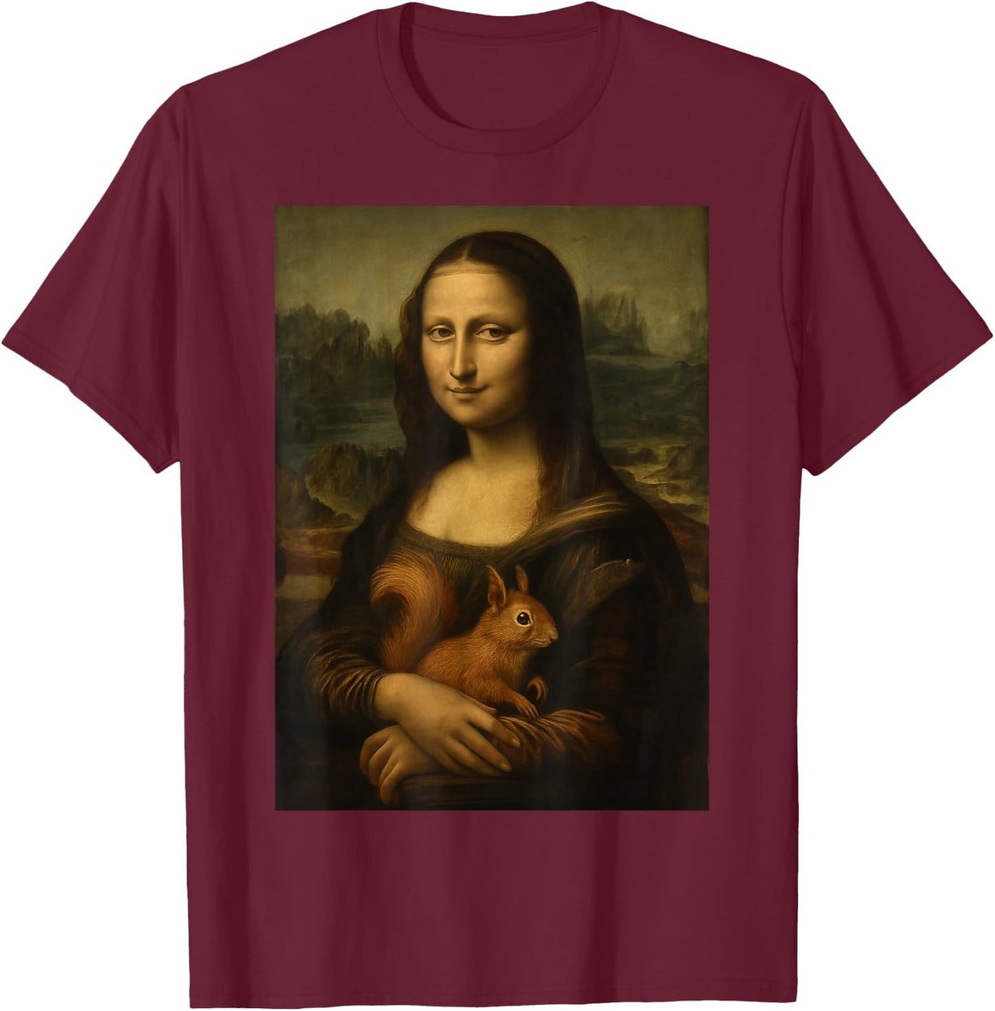 Mona Lisa and Squirrel Art Funny Fine Art Parody T-Shirt - T-Shirt | Maroon