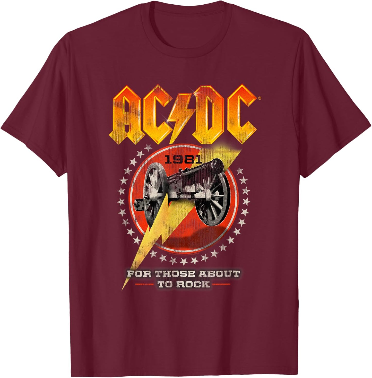 AC/DC For Those About To Rock Distressed Cannon And Stars T-Shirt - T-Shirt | Maroon