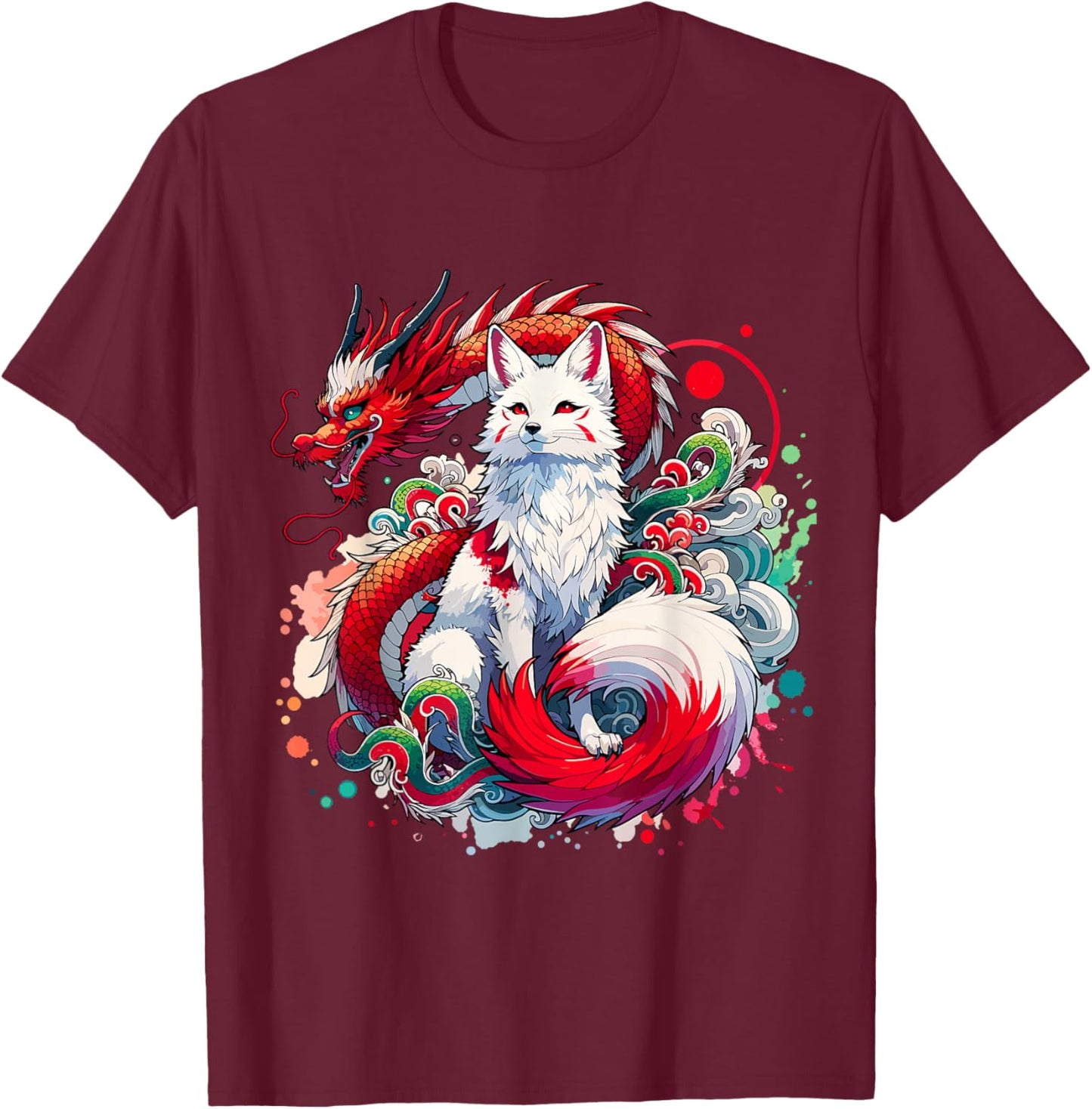 Dragon Kitsune Japanese Fox Nine-Tailed , Black, S T-Shirt - T-Shirt | Maroon