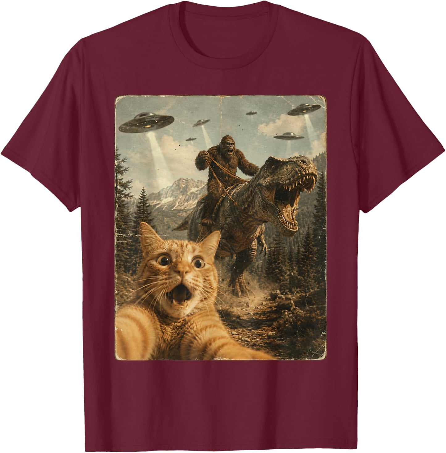 Funny Cat Selfie UFO Alien Chase Bigfoot Riding T-Rex Kid T-Shirt - T-Shirt | Maroon