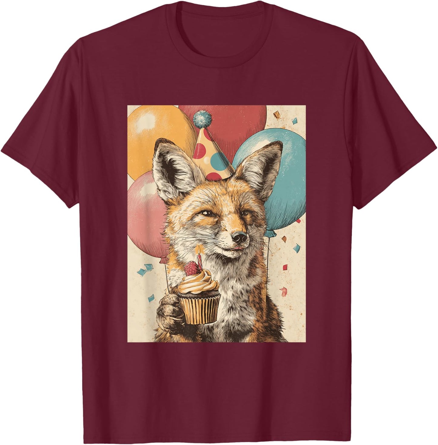 Coyote Retro Art Print Birthday Party Balloons & Cupcake T-Shirt - T-Shirt | Maroon